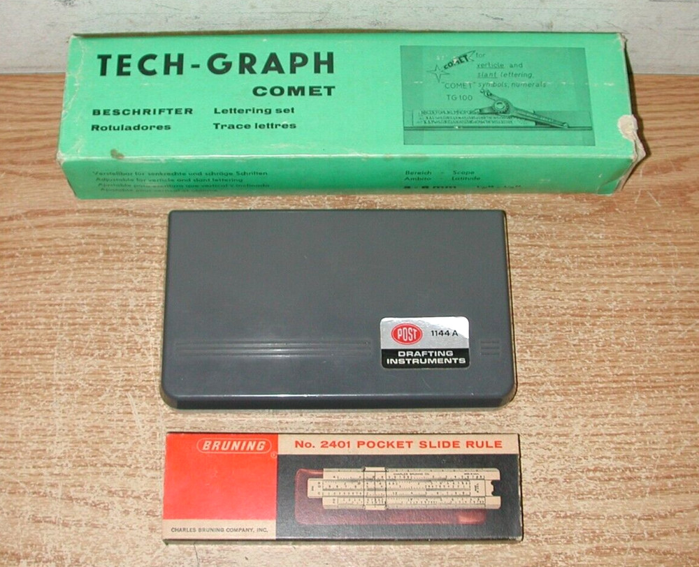 VNTAGE DRAFTING TOOLS: ALVIN TECHGRAPH COMET, POST 1144A SET, BRUNING SLIDE RULE