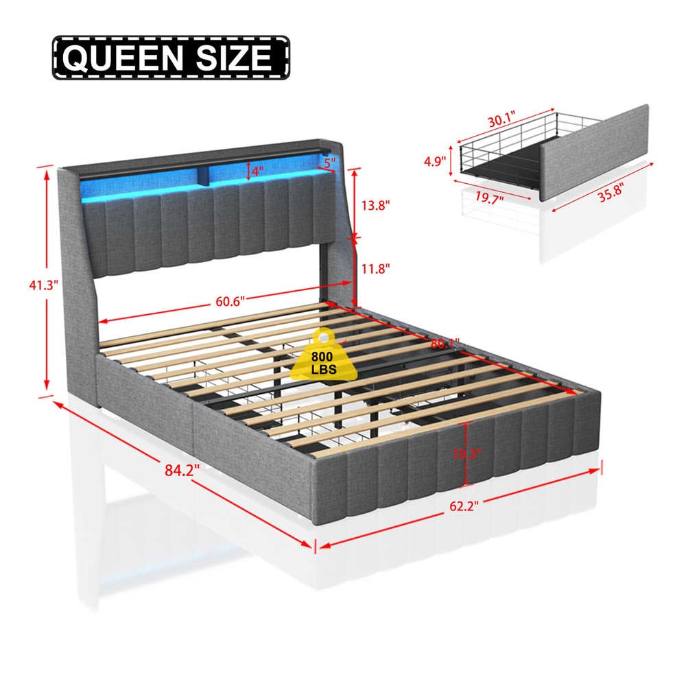 Queen Size Bed Frame Upholstered Platform Bed w/ LED Lights Headboard & 4 Drawer