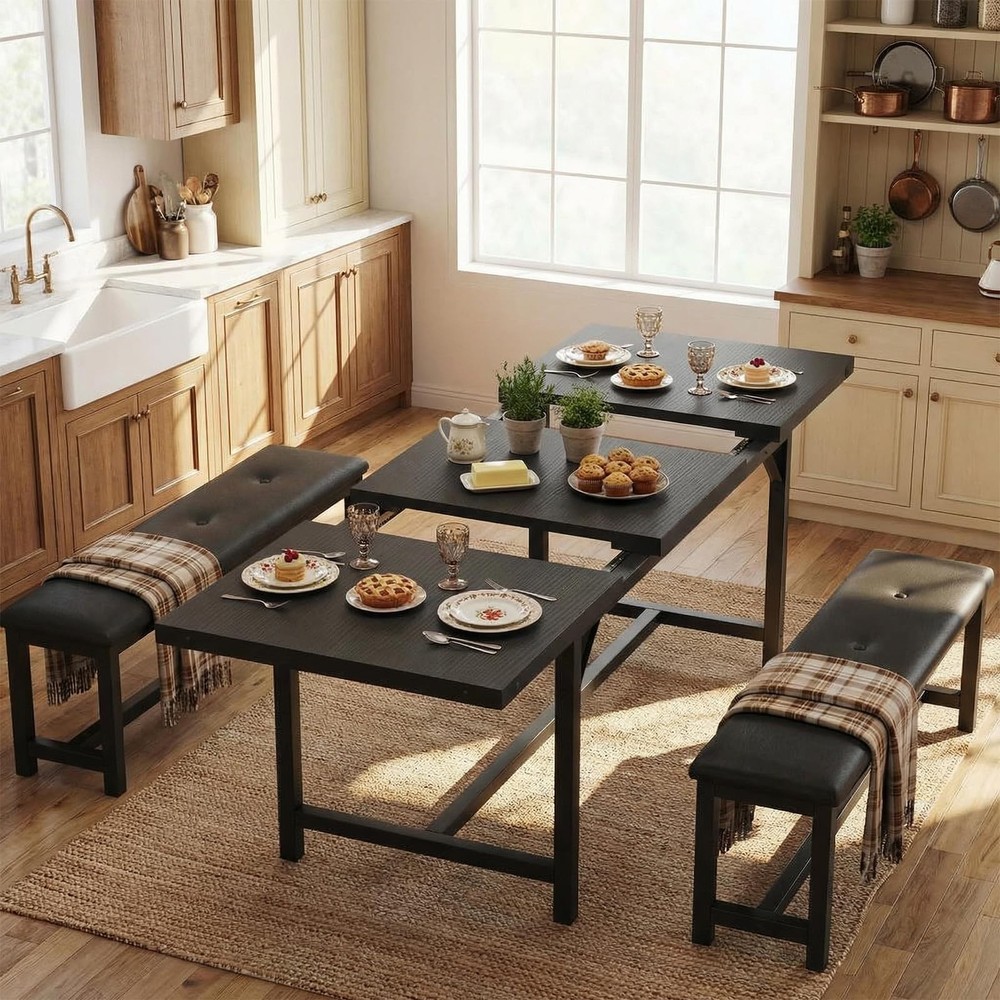 5 Piece Extendable Dining Table Set for 4-6, Kitchen Table & 2 Upholstered Be...