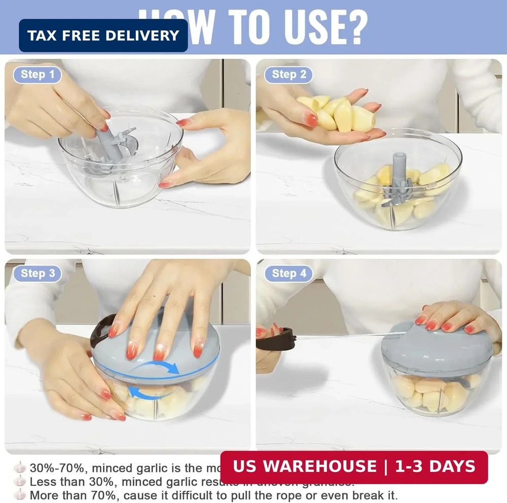 Garlic Chopper Mincer Manual Vegetable Chopper 500ml - with Pull String Crusher