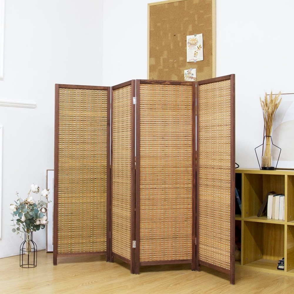 4 Panel Short Panel Divider Screen,3.95 FT Tall Bamboo Room Divider Folding