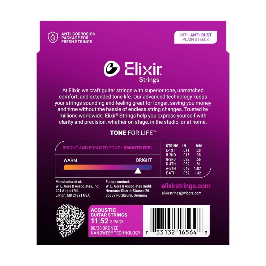 Elixir 3-Pack 80/20 Bronze NANOWEB Acoustic Guitar Strings, Custom Light 11-52