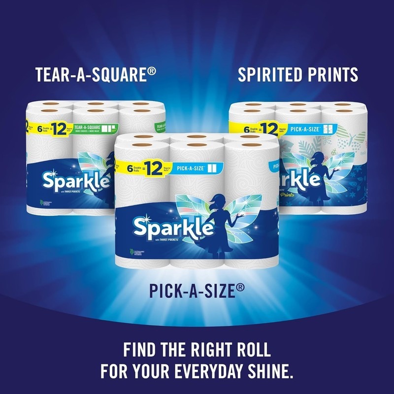 Sparkle Pick-A-Size Paper Towels Spirited Prints 6 Double Rolls = 12 Regular
