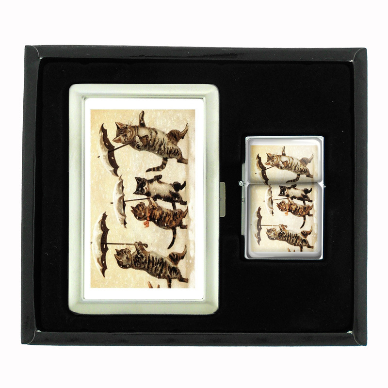 VINTAGE CAT D4 CIGARETTE CASE / WALLET AND LIGHTER GIFT SET OLD FASHIONED IMAGE