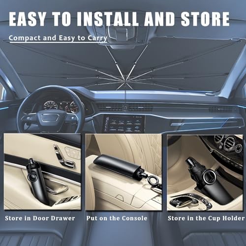 Car Front Windshield Sun Shade with Pull Cord, Umbrella Sun Shade 59.1"x37.4"