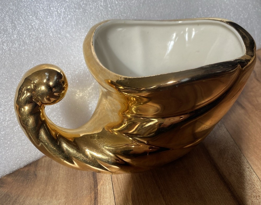 VTG Ceramic Goldtone Cornucopia Planter Shell Nautical