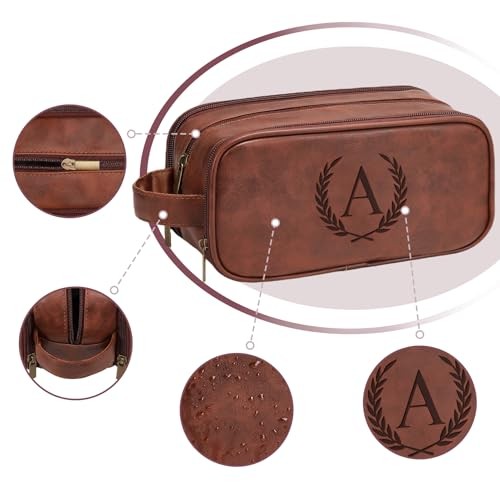 Leather Toiletry Bag for Men, Personalized Laserngraved Initials & Red Brown E
