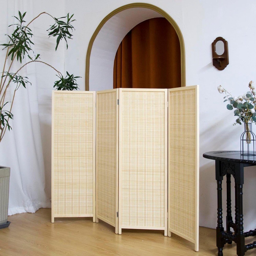 4 Panel Short Panel Divider Screen,3.95 FT Tall Bamboo Room Divider Folding