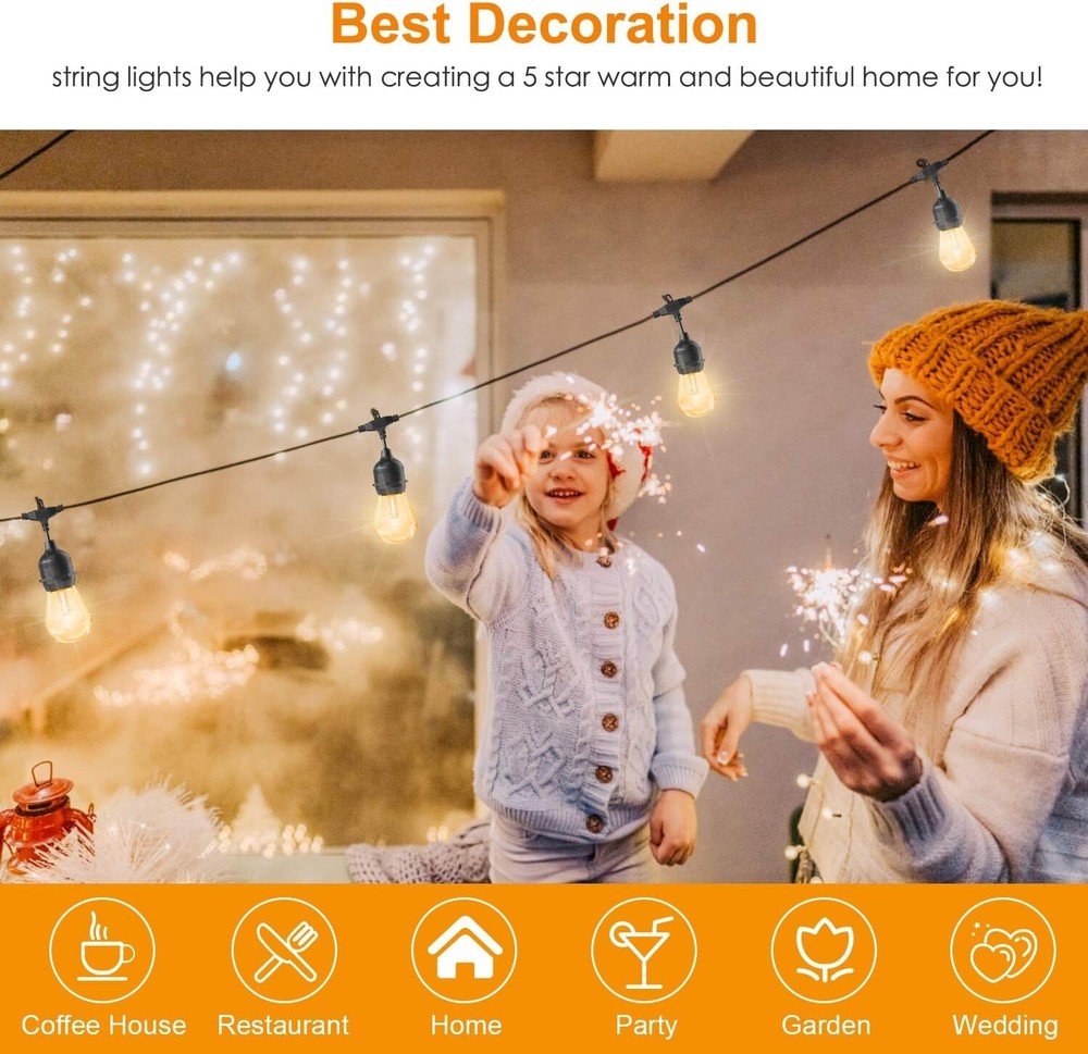 48ft String Lights RGB Cafe LED String Lights w/15 S14 Bulbs Backyard Waterproof