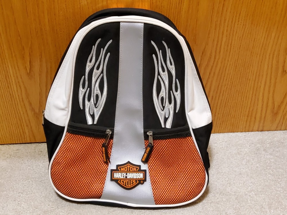 Harley Davidson White Black Red Flames Designer Padded Backpack Harley Shield
