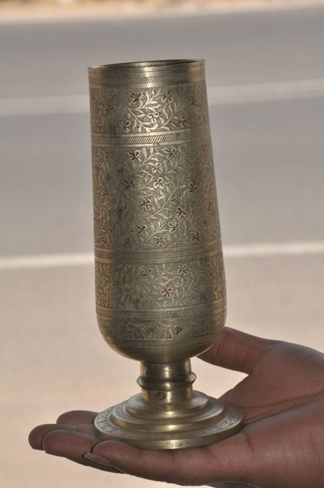 Vintage Brass Unique Shape Solid Lacquer Engraved Handcrafted Flower Vase/Pot