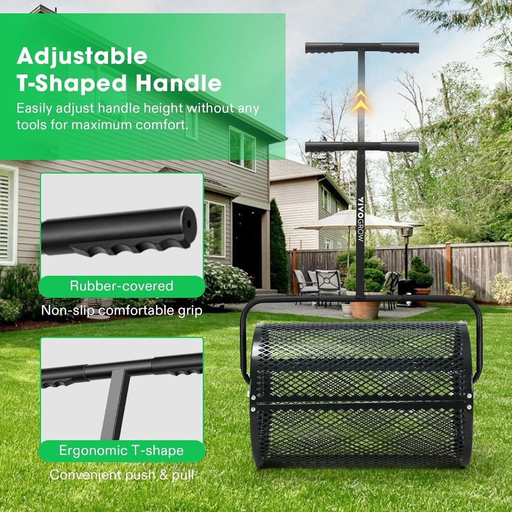 24" Lawn Compost Spreader Peat Moss Roller Lawn Spreader Adjustable Handle