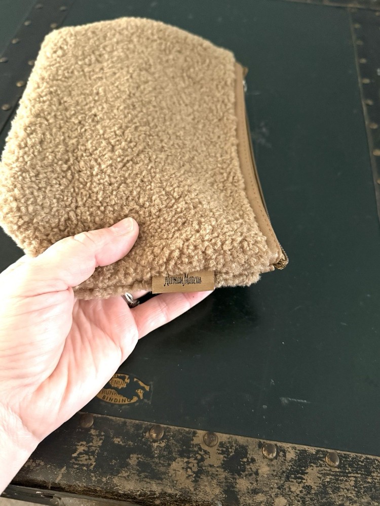 Neiman Marcus tan sherpa cosmetic bag