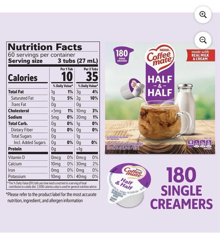 Coffee Mate Liquid Creamer Half & Half Portion 9 ml, 180 ct