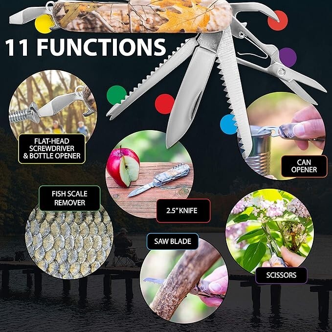 MAXAM, 16-Function Knife with Leymar Handle, Stainless Steel Multi Tool - Camo
