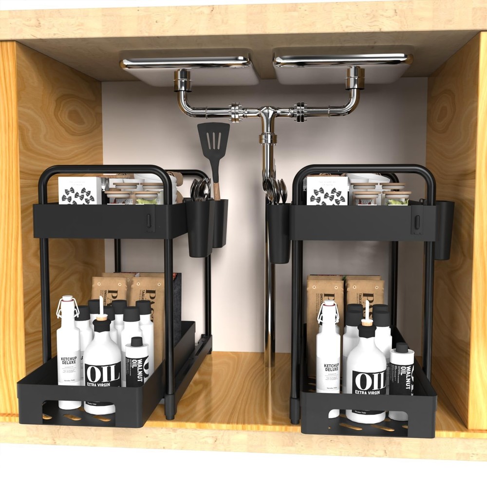 2 Pack Double-Layer Under Sink Organizer for Efficiently Utilizing Space, Hig...