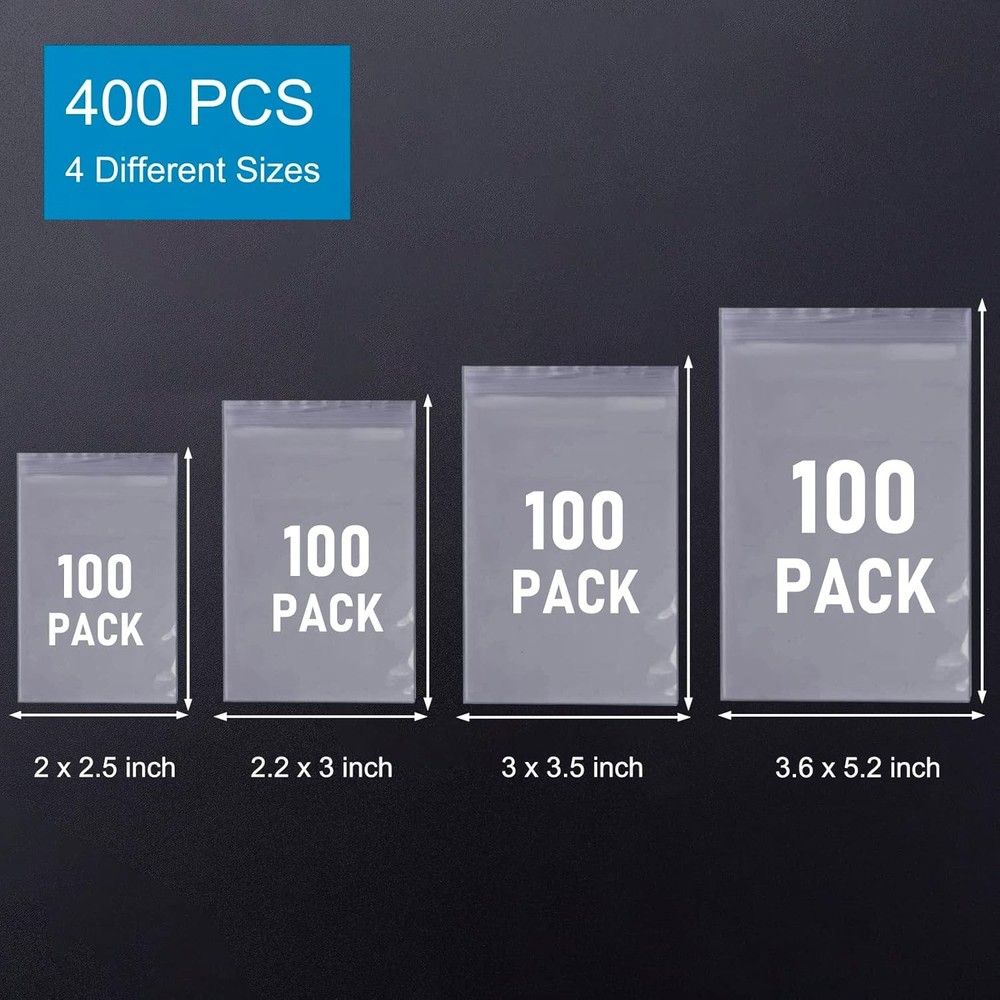 Small Plastic Bags, 400 PCS Mini Baggies, 4 Assorted Sizes, Transparent