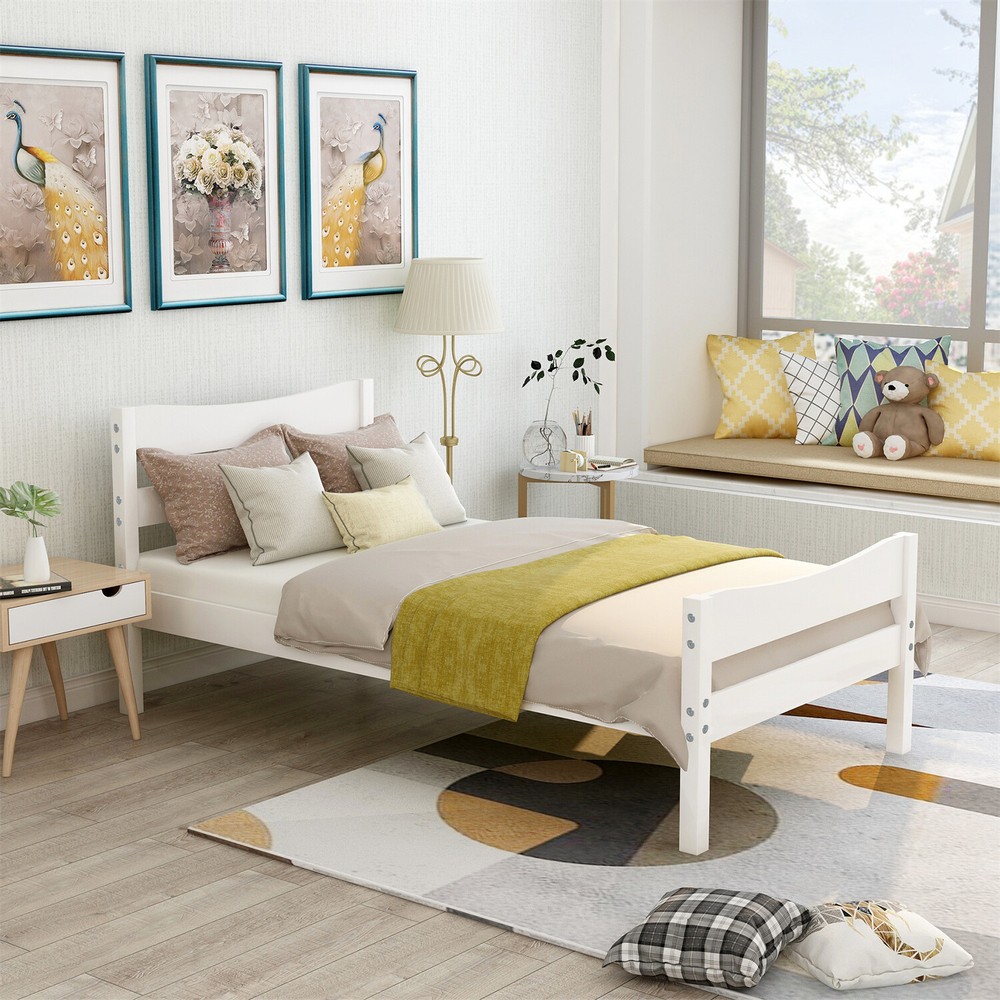Twin Size Bed Frame Wood Platform Bed Frame with Headboard White/Walnut/Espresso