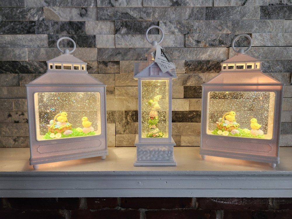 Three Easter Water Lanterns with Chick and Rabbit, White, LED, Contemporary