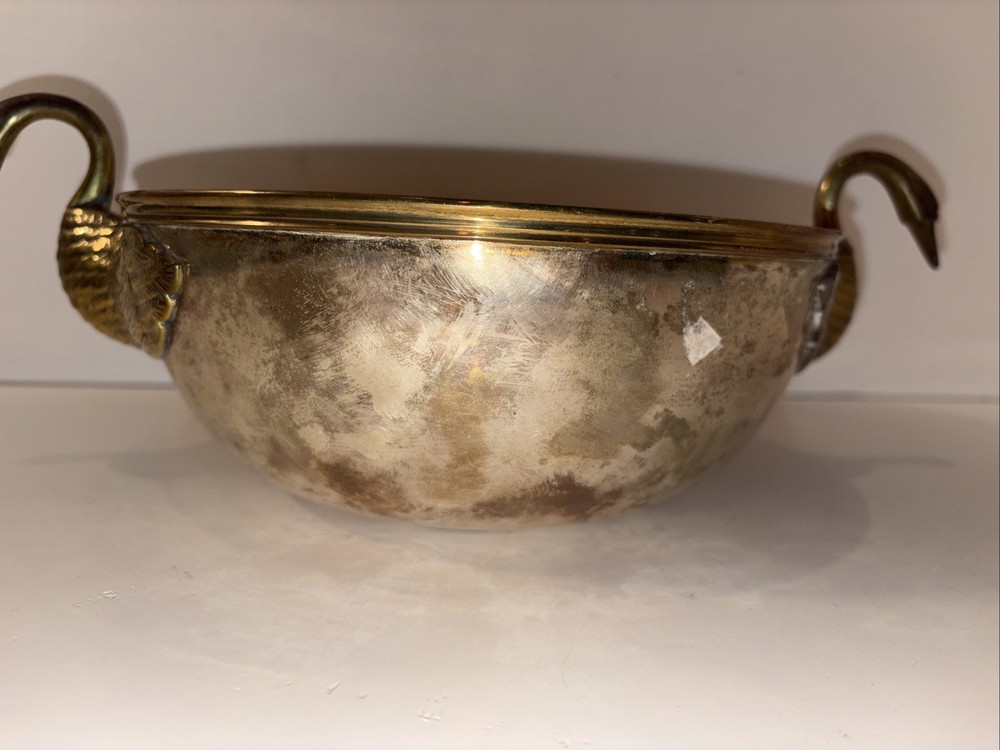 Antique Solid Brass Silverplate Large Bowl With Duck Handles