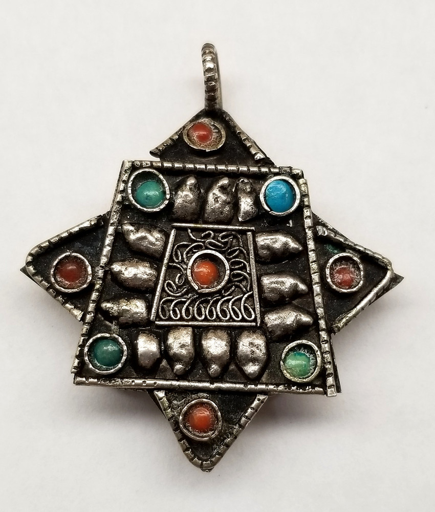 Vtg Middle Eastern Silver Locket Pendant Handcrafted Box Locket Multi Gemston