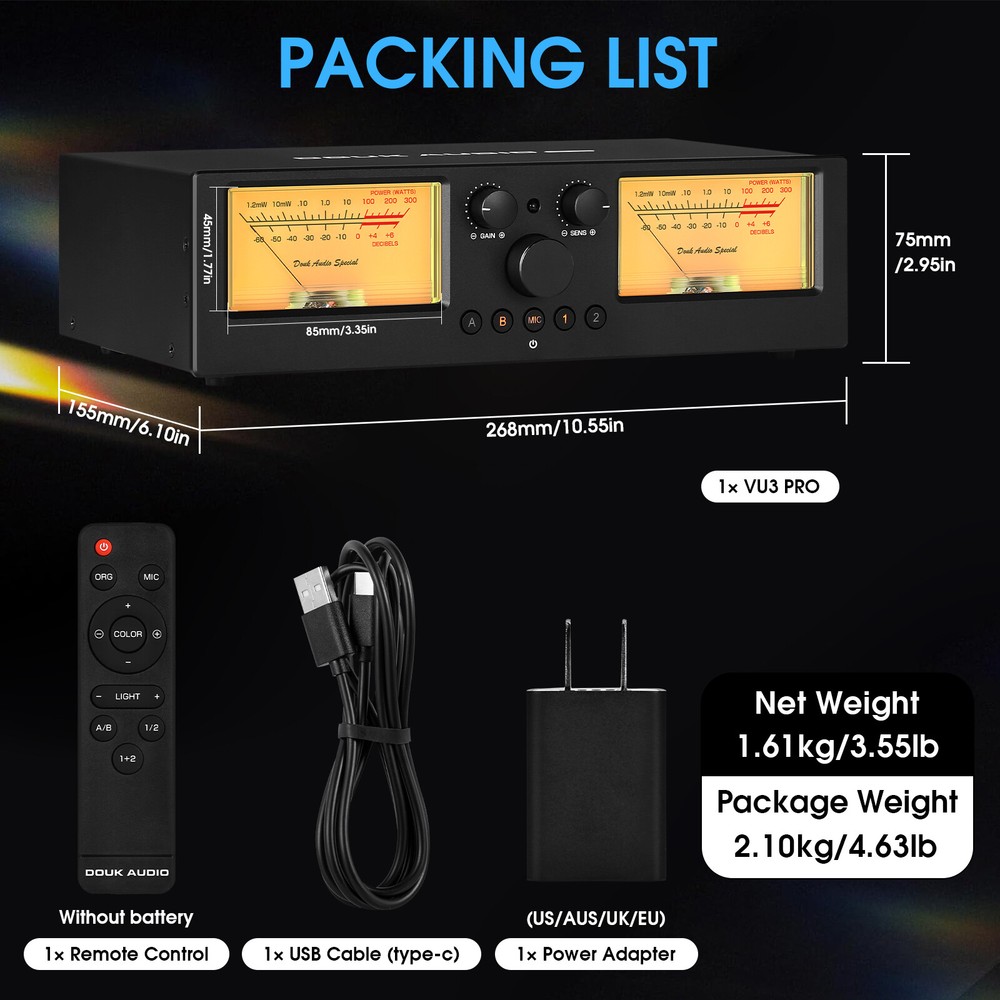 Douk VU3PRO 2-Way Amplifier/Speaker Switcher Box Dual VU Meter w/Remote Control
