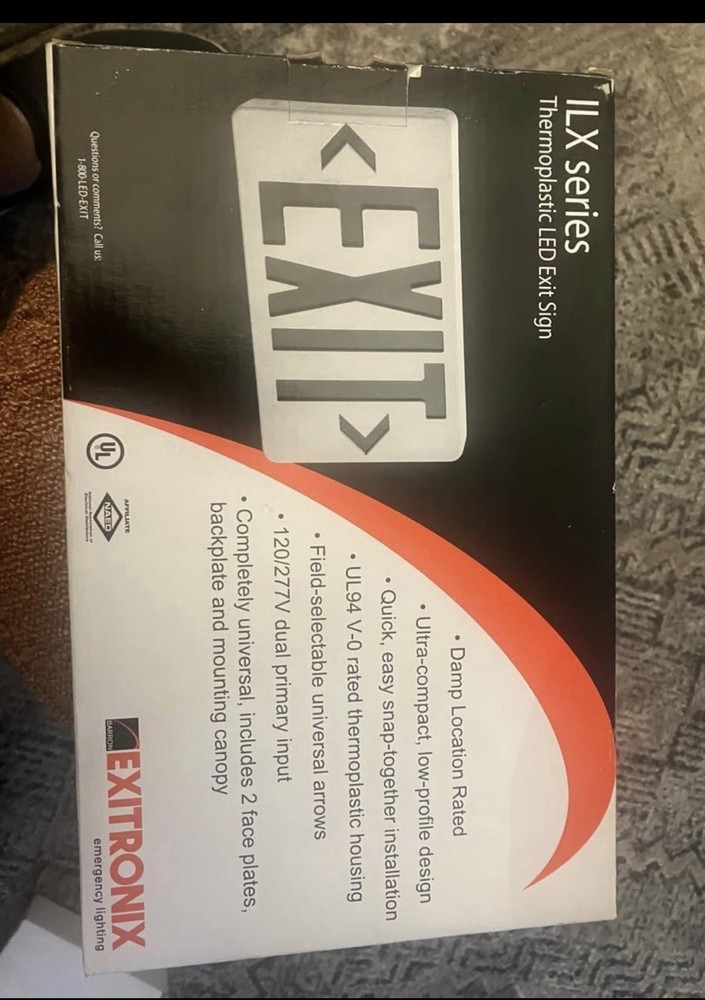 Exitronix ILX Series Thermoplastic LED Exit Sign Red Letters Wall Mount Brackets