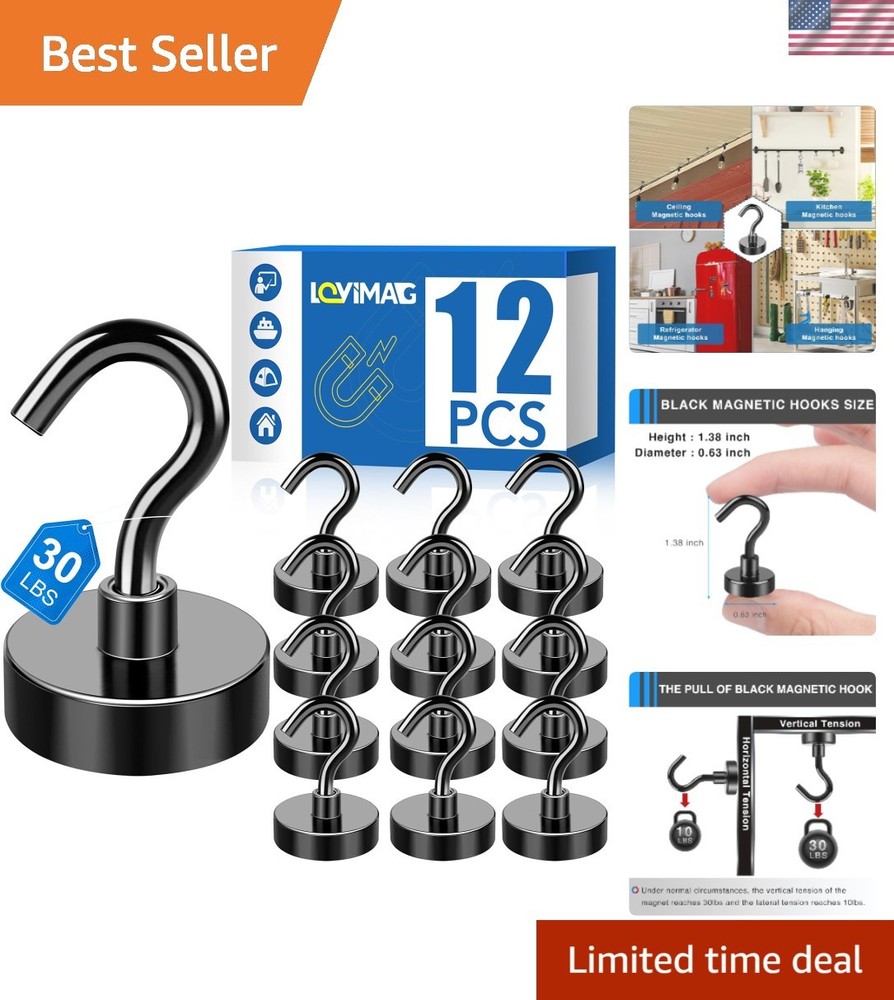 Magnetic Hooks, 12 Pack - Heavy Duty, Black, Rust Resistant, 30lbs Capacity, ...
