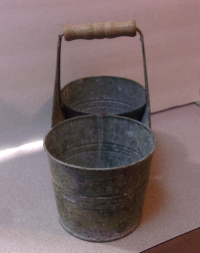 Vintage Double Galvanized 4" Pails Connecting w/ Wooden Handle