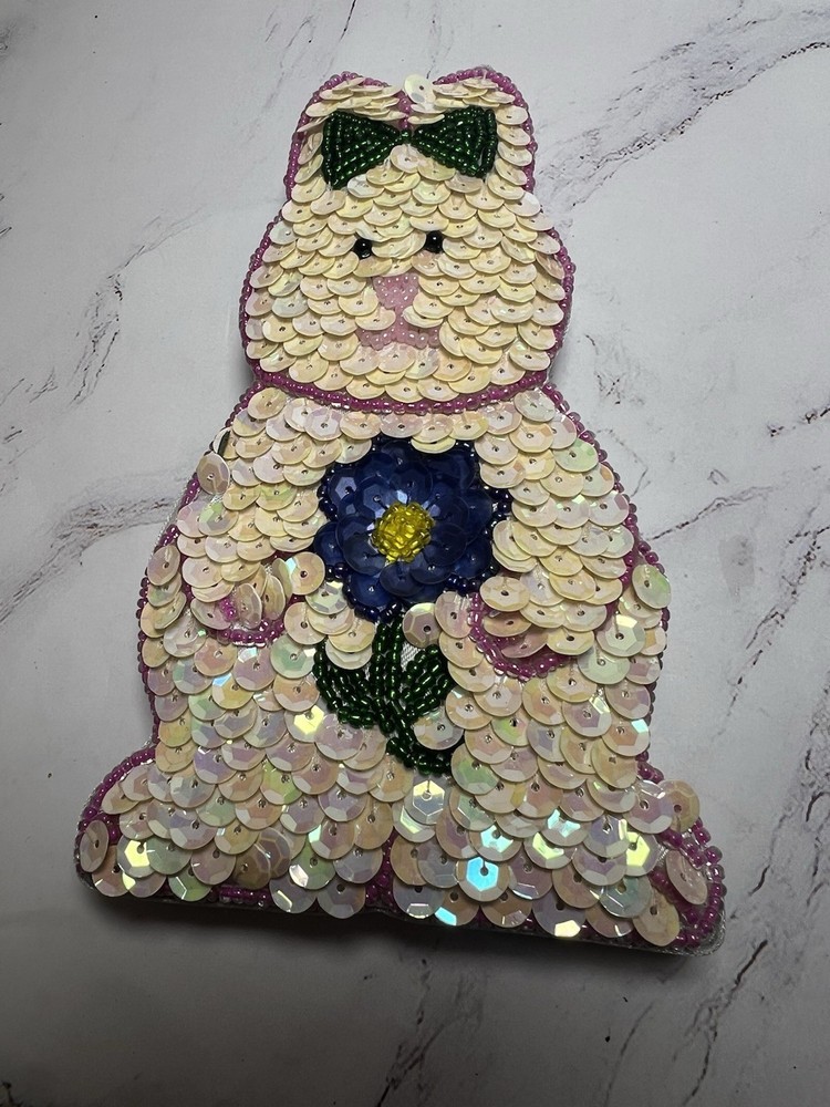 Vintage Easter Bunny Beaded Sequined Trinket Box Gift Holder Spring Decoration