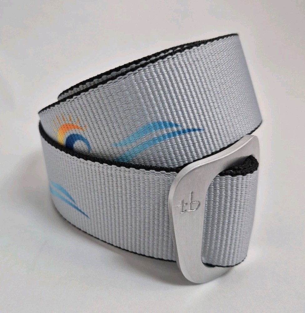 Thomas Bates Men's Belt Gray Fabric Sun Blue Wave Pattern Length 46 Adjustable