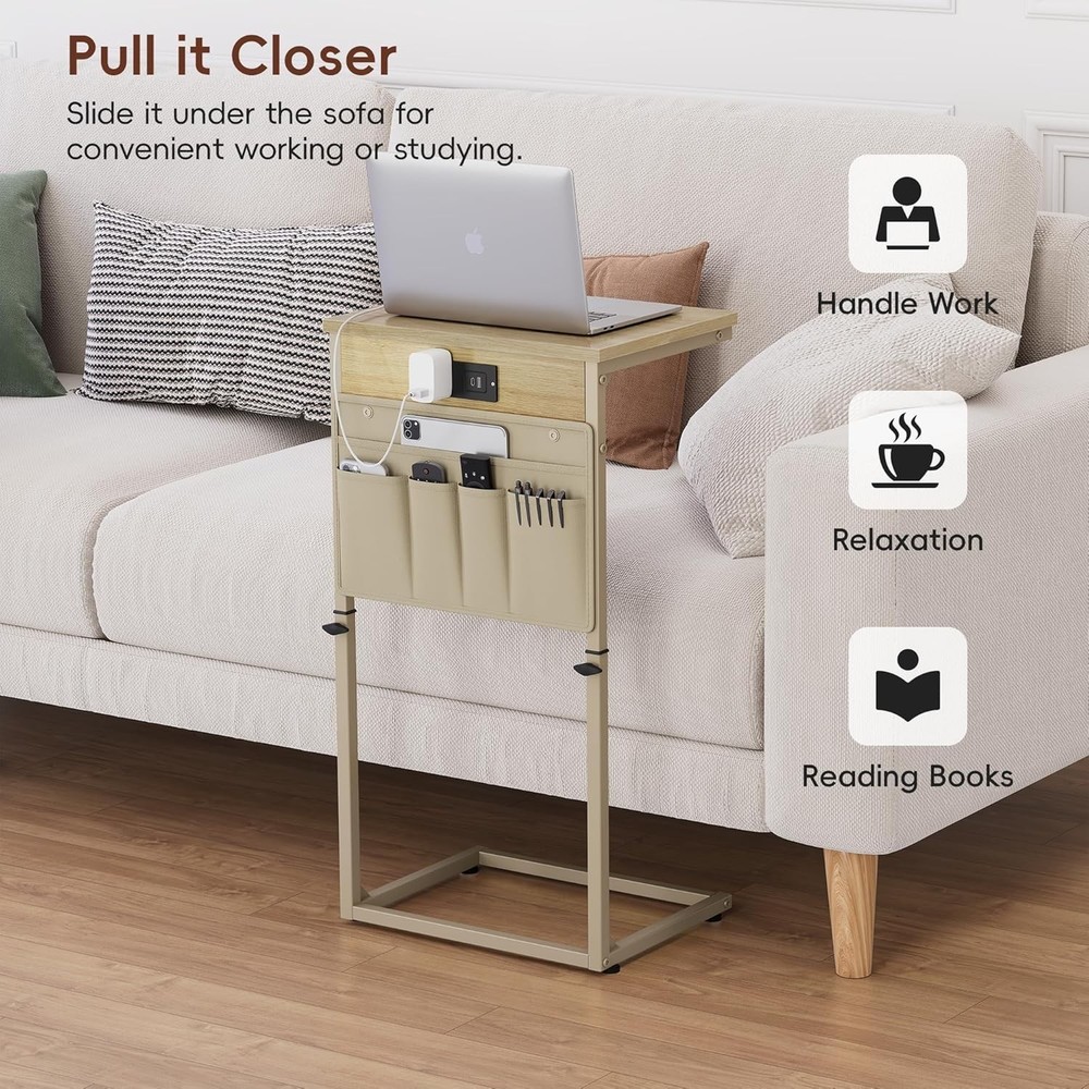 C Shaped End Table W/ Charging Station 33" Tall Side Table Couch Sofa Table