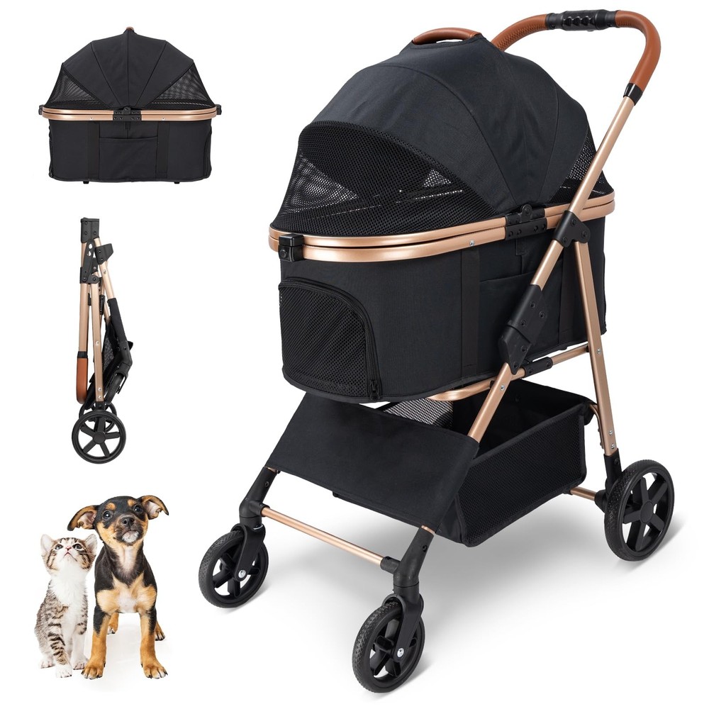Pet Stroller for Small/Medium Dogs & Cats, No-Zip Foldable Dog Stroller with ...