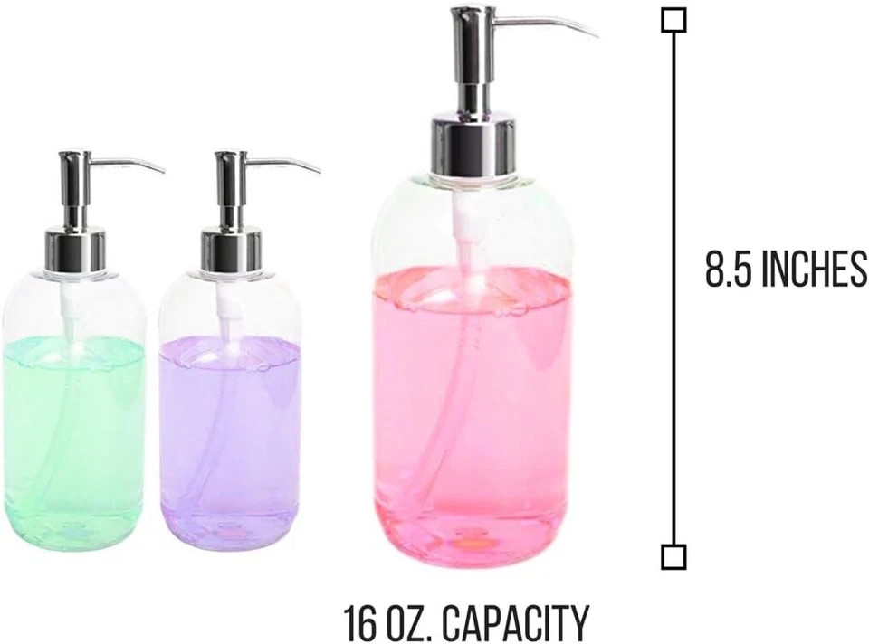 Clear Soap Dispenser with Rust Proof Pump, (3 Pack, 16 Oz) Plastic Hand
