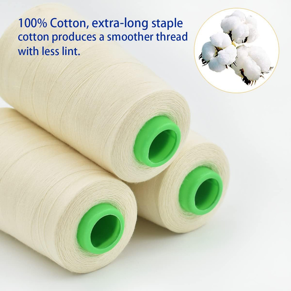 Raw White All Purpose Cotton Thread - 3 Spools, 40/2 Connecting Threads for Serg