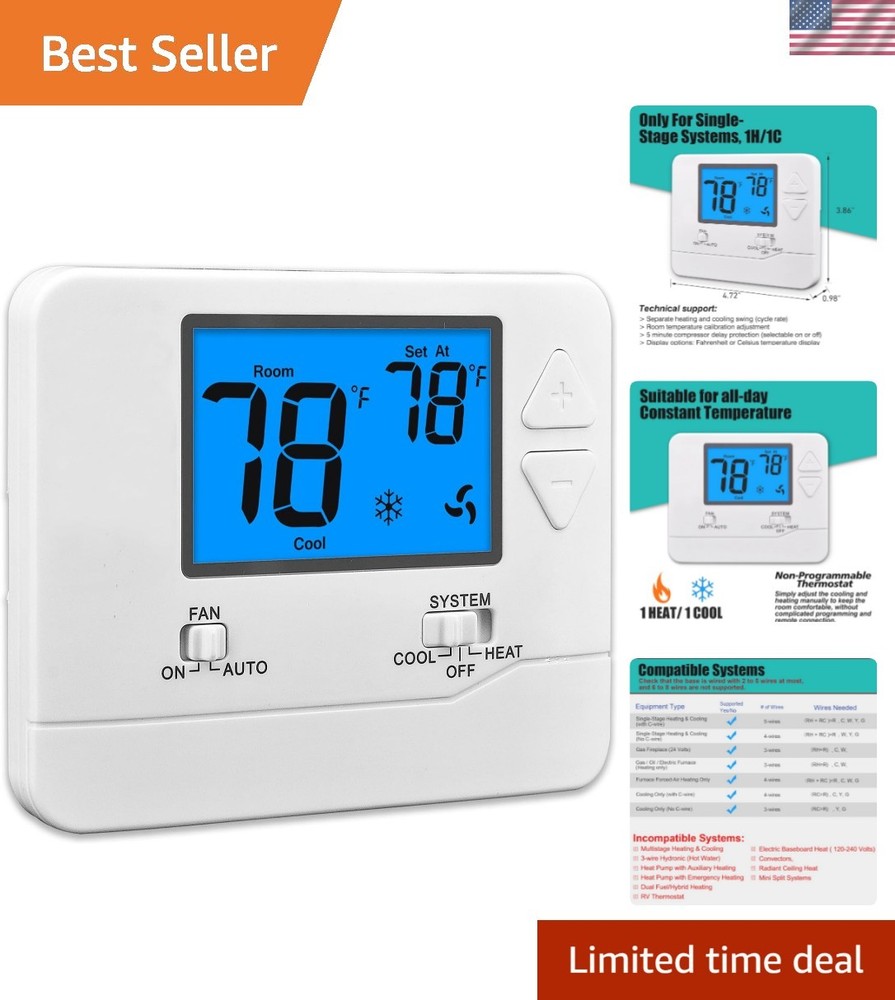 Home Non-Programmable Thermostat with LCD Display & Compressor Delay Protection