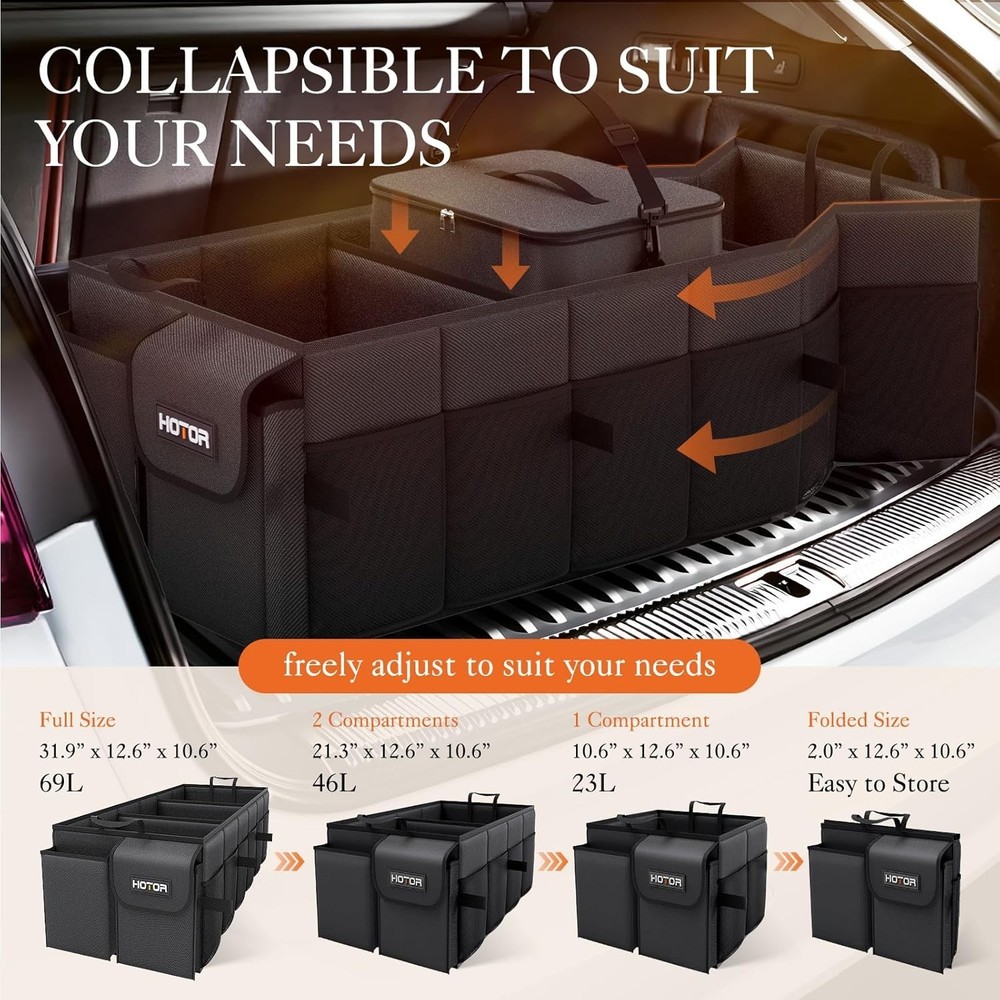 Large Capacity SUV Trunk Organizer with Sturdy Construction - 3 Compartments