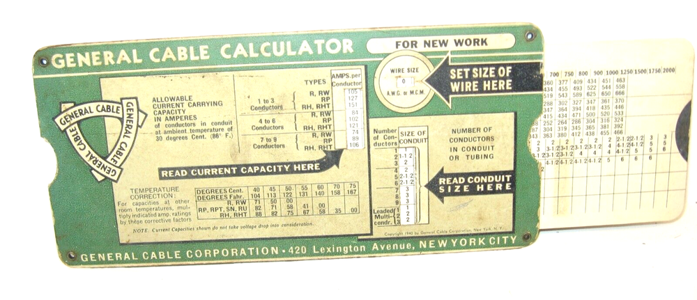 1940 General Cable Calculator Current Cap./Wire, Conduit Sizes New Work/Rewiring