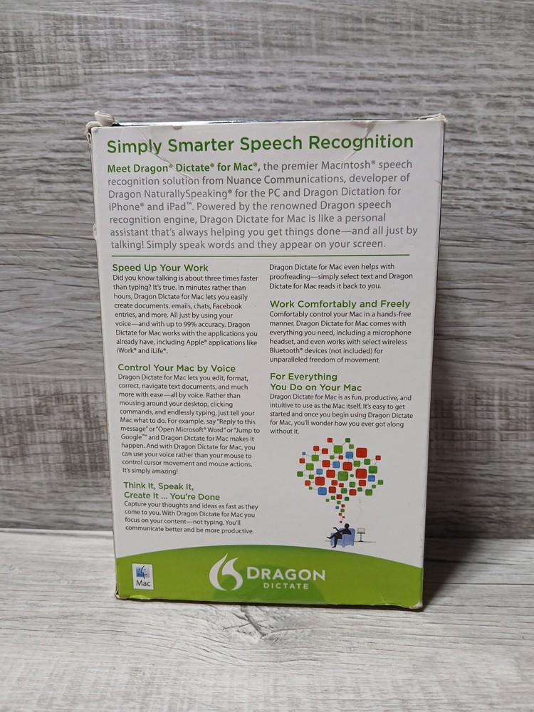 Dragon Dictate Speech Recognition for Mac OS x Version 2.0 W Microphone Open Box