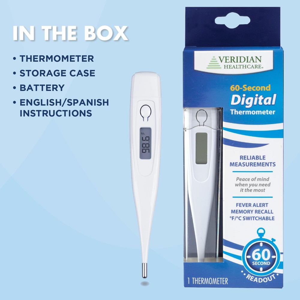 Digital Thermometer 60 Second Read Fever Alert Memory Clinical Rigid Tip
