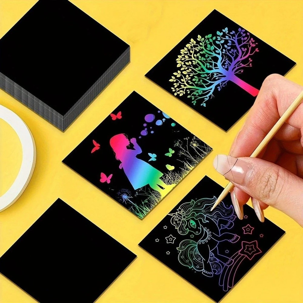 100PCS Scratch Art Paper Set Rainbow Magic Scratch-Off Sheets with 2 Stylus
