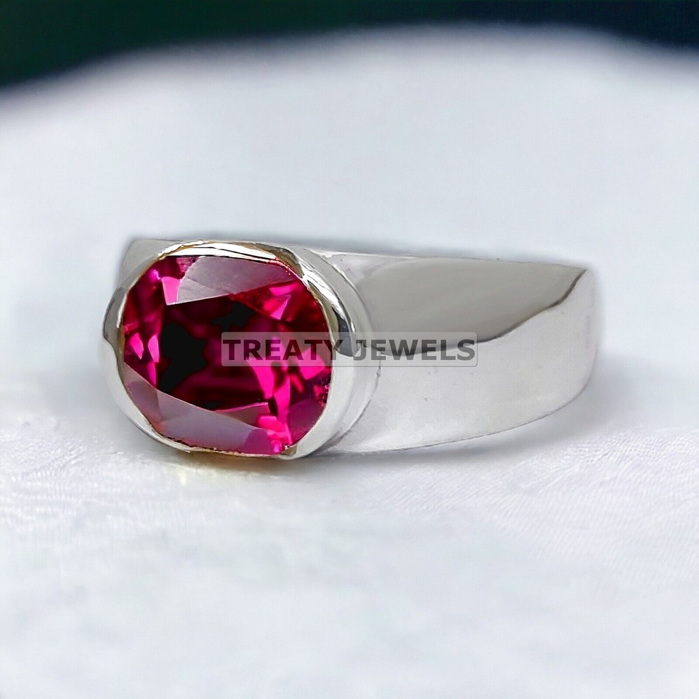 Ruby Oval Cut Gemstone With 14K Solid White Gold Ring For Men's #A23