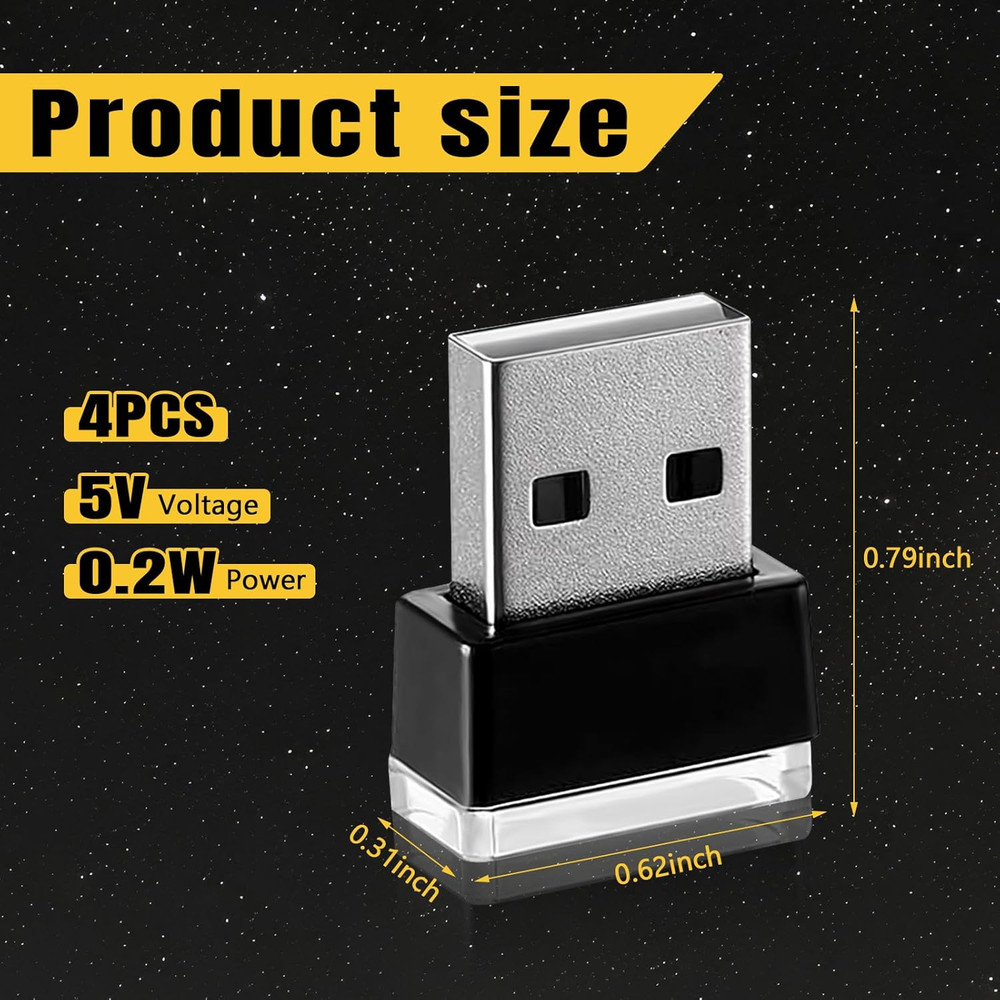 4PCS USB LED Car Interior Atmosphere Lamp, Plug-In USB Interface Decor Lighting