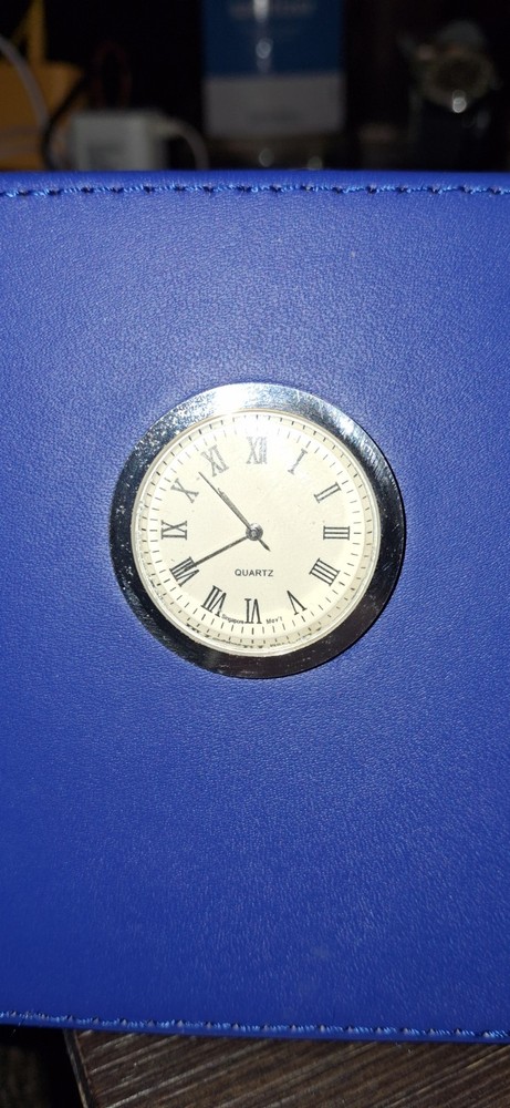 Blue Silver Leather Rectangular Desk Clock Analog Roman Numerals Quartz Battery