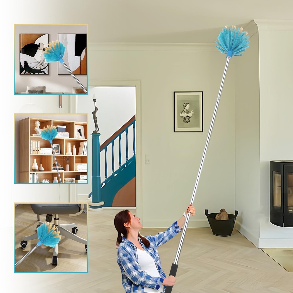 Cobweb Duster with Extension Pole，Medium Stiff Bristles Cobweb Duster Hea