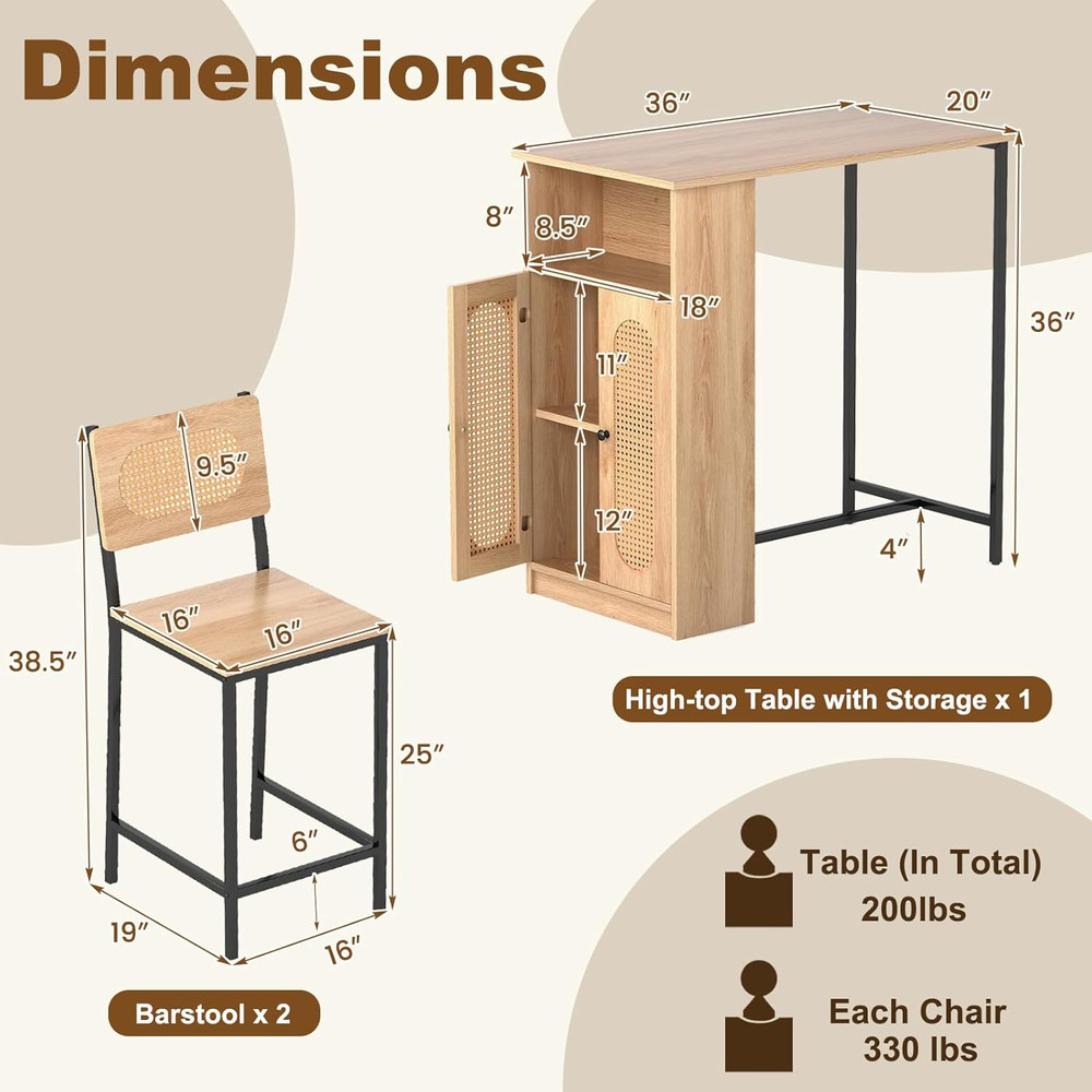 Boho 3-Pc High Top Table & Stools Set with Storage, Metal Frame, Counter Height