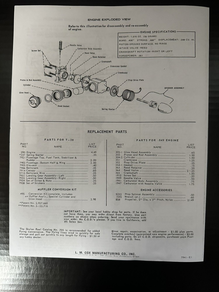 Cox Airplane T-28 Instructions