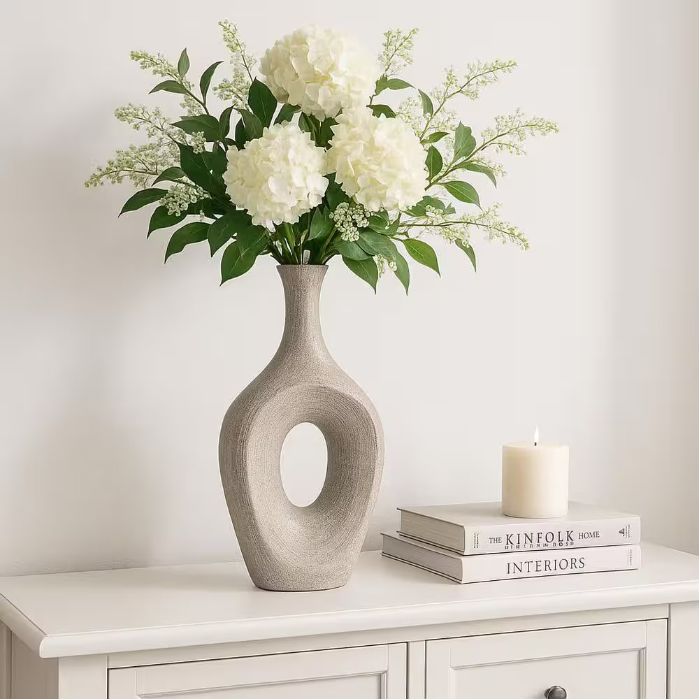 19 In. Silver Stoneware Beaded Open Cut Oval Decorative Vase