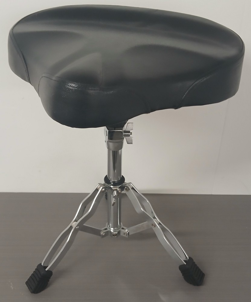 #845 Double Braced Solid Saddle Drum Throne Stool Padded Seat Chrome Black