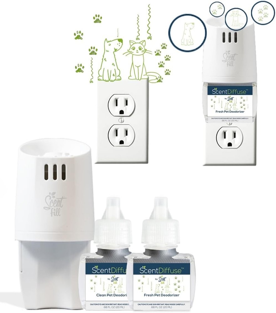 ScentDiffuse Pet Odor Deodorizing Air Freshener Starter Kit, 2 Refills+Diffuser